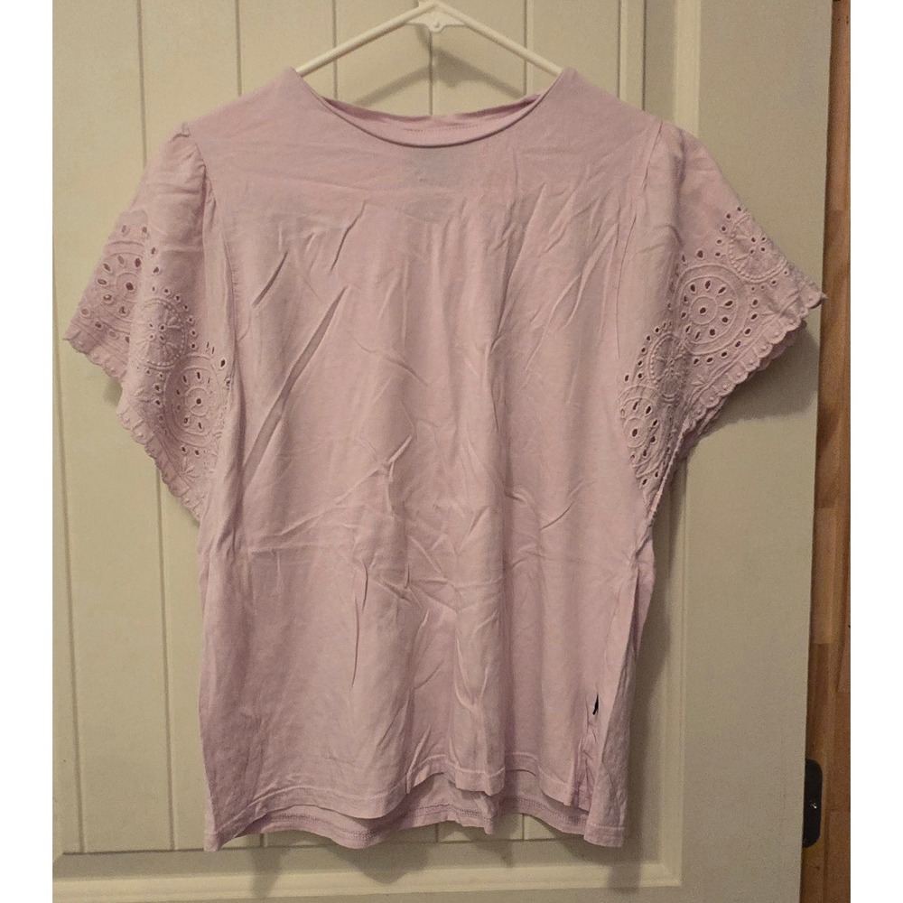 GAP Pink Eyelet Flutter Sleeve Top Scoop Neck Tee Medium